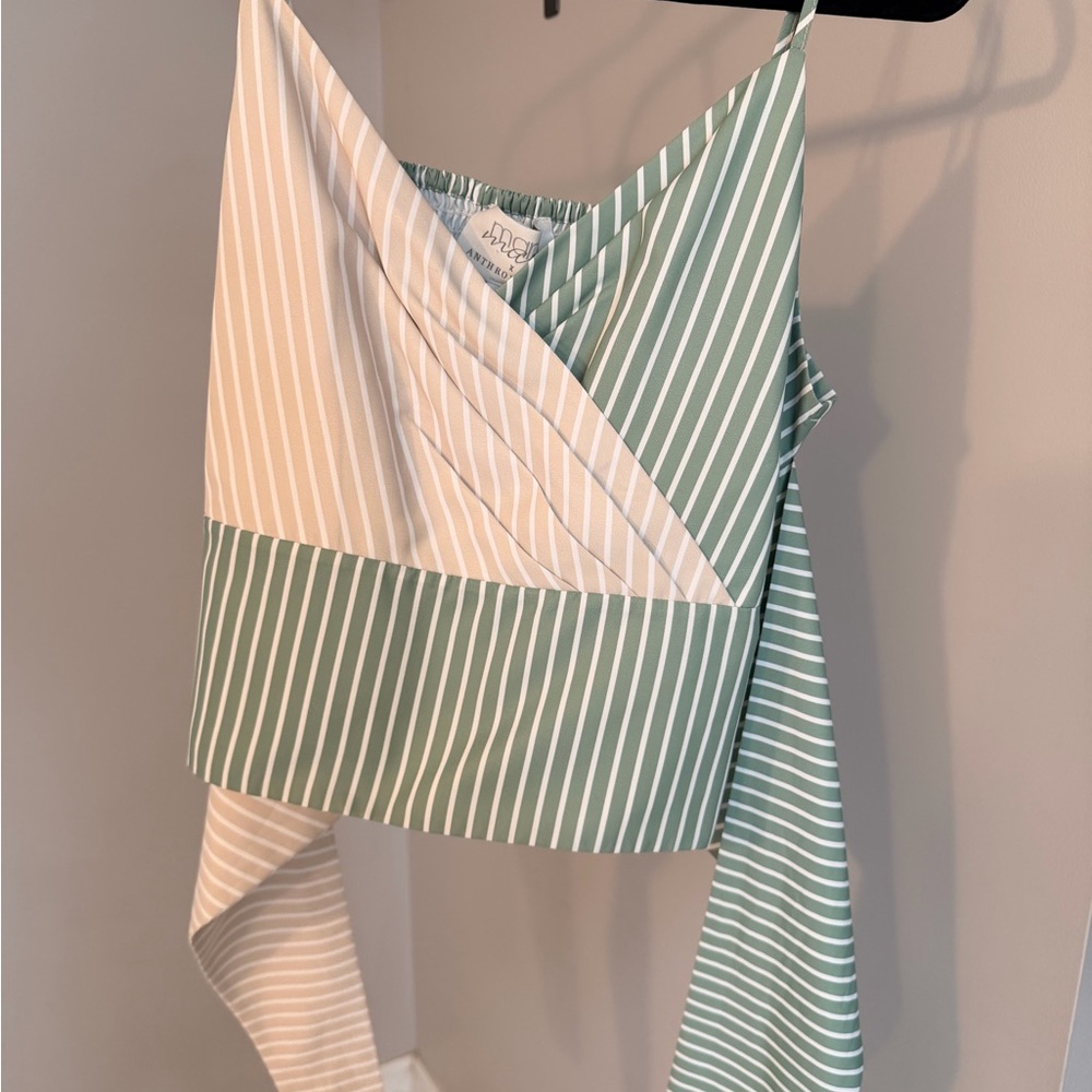 Anthropologie Striped Cropped Tie Top in Sage Green and Cream